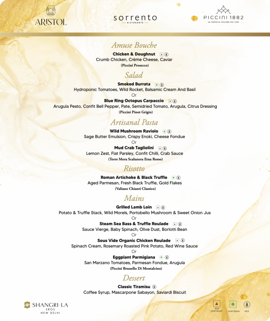 Piccini wine dinner menu at Sorrento, Shangrila Eros New Delhi